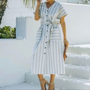 Pocketed button down linen midi dress